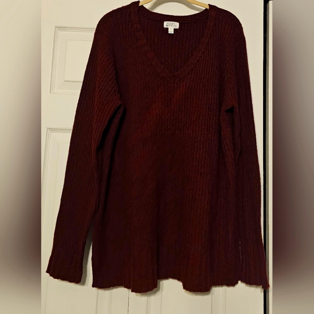 Market & Spruce Red V-Neck Sweater with Long Sleeves and Relaxed Fit